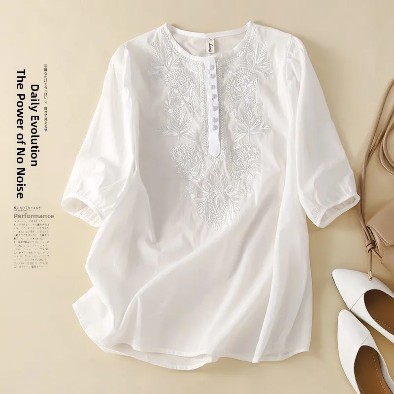 

Loose Cotton Linen Women's Top Artistic Embroidery Versatile T-irt Japanese Sle round Ne ort Sve Summer irt