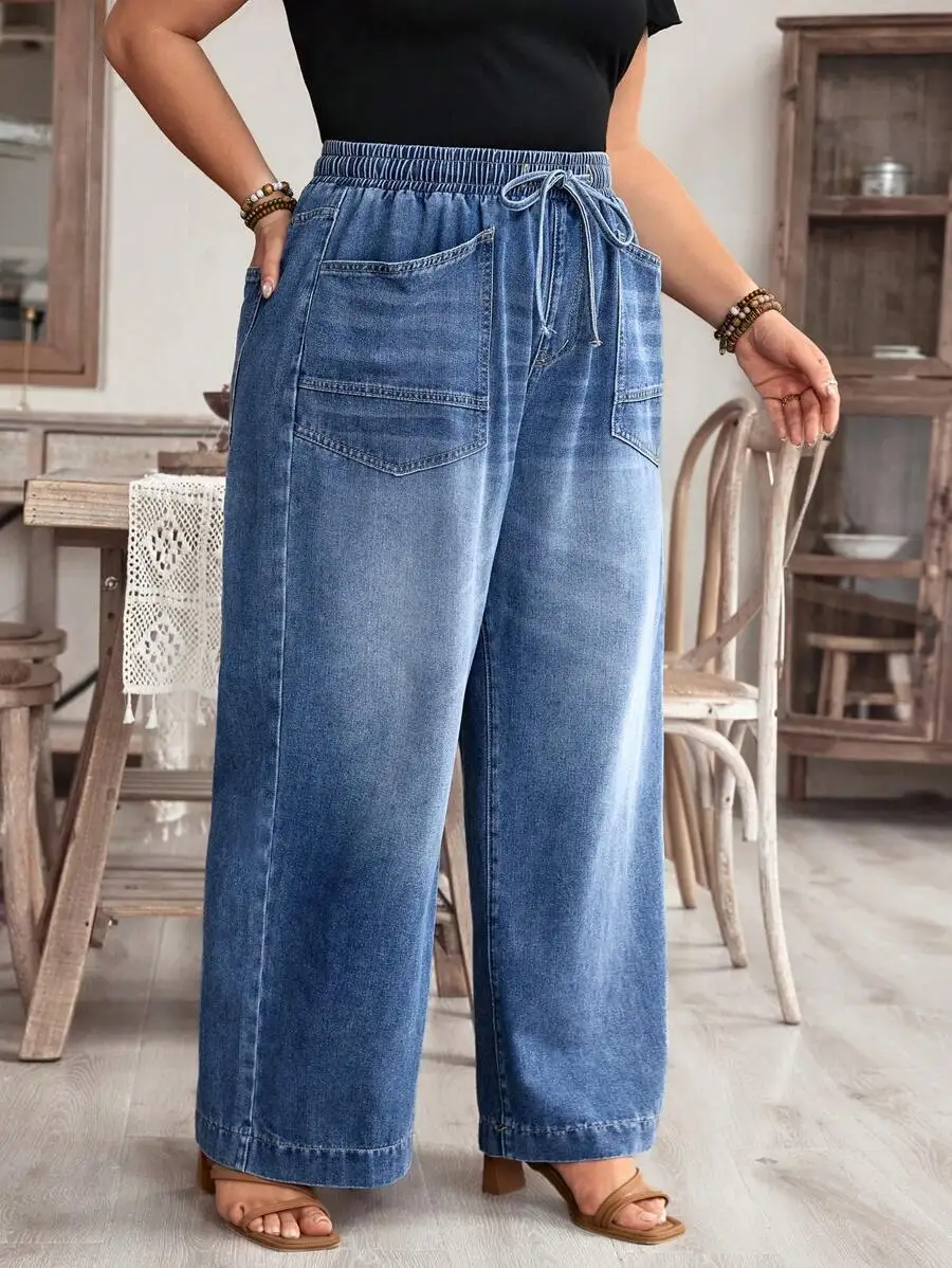 Pantalon en jean décontracté à jambes larges et taille élastique pour l'été, taille plus