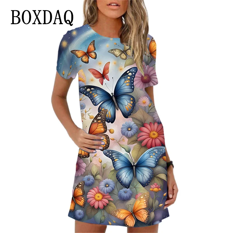 Elegant Butterfly Print Party Dress For Women Short Sleeve O-Neck Loose Casual A-Line Dress New 2024 Spring Summer Ladies Dress