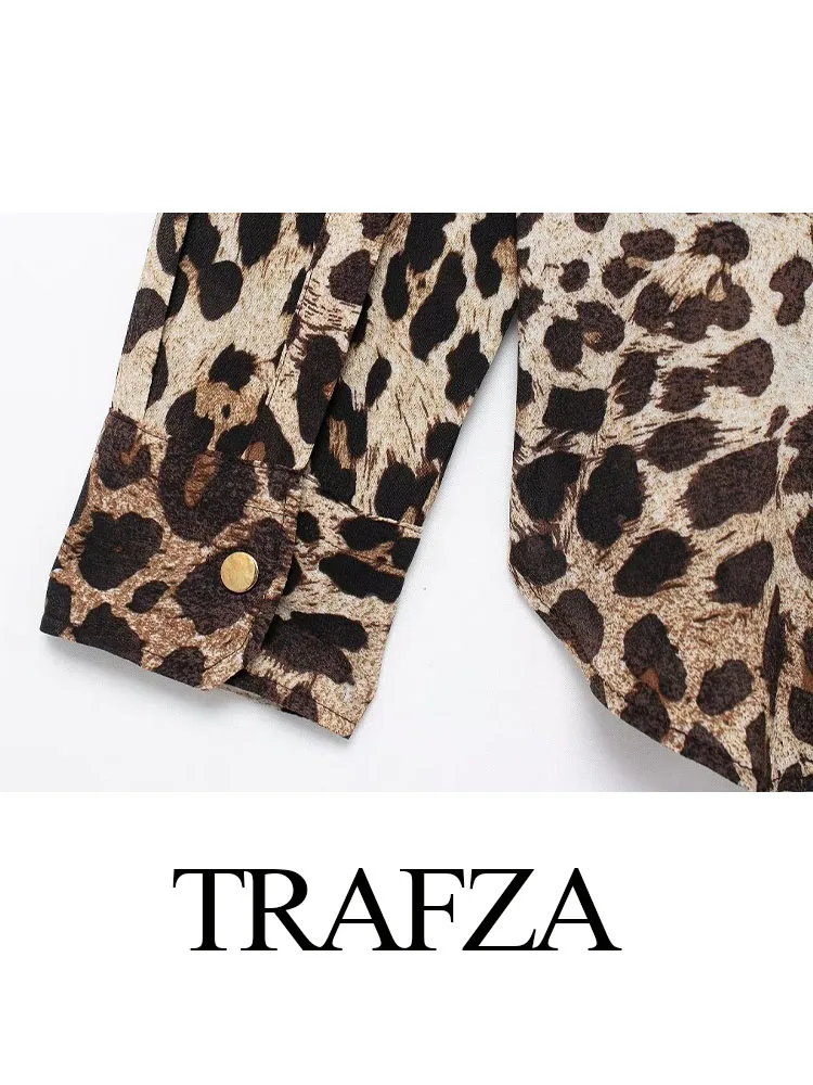 TRAFZA-camisa Vintage con estampado de leopardo para Mujer, Top de manga larga con cuello vuelto, elegante, de un solo pecho, de verano