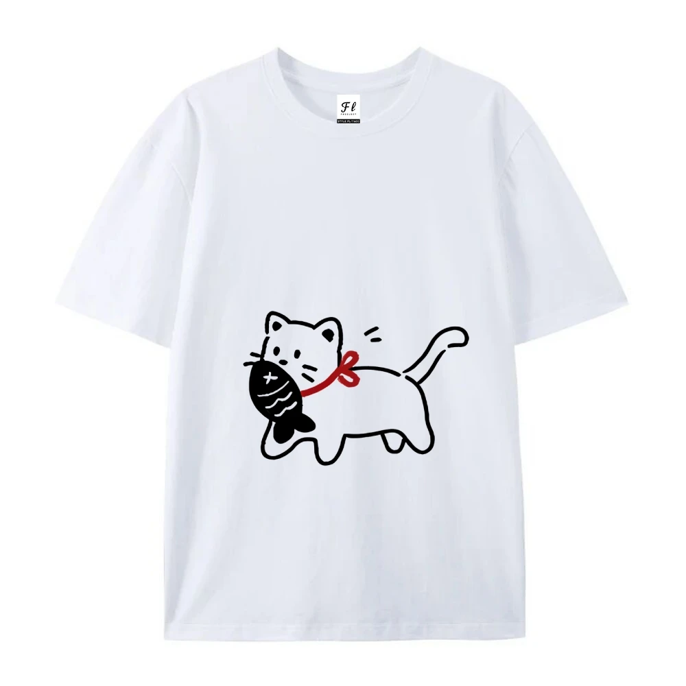Camiseta con estampado de gato y pez Harajuku, camisetas gráficas de verano, ropa de algodón suave de manga corta con cuello redondo Y2k 2000