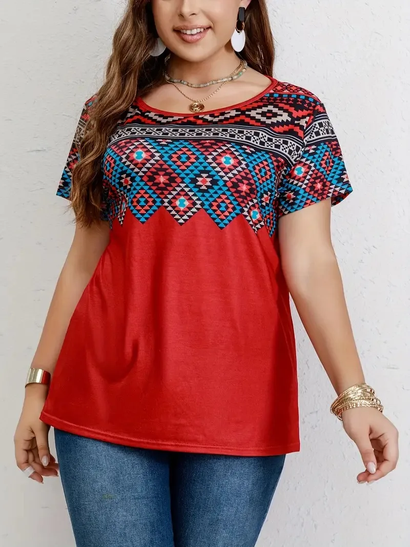 Women T Shirt Plus Size Tops Fashion clothes Women\'s Plus Southwestern Print Casual Tees Round Neck Short Sleeve T-shirt Tops