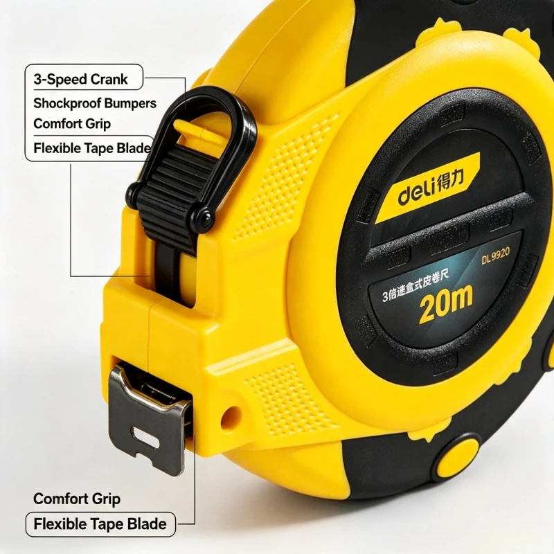 Deli Retractable Fiberglass Tape Measure 20/30/50 Meters 3‑Speed Winding Shockproof Measuring Tool for Engineering Survey Work