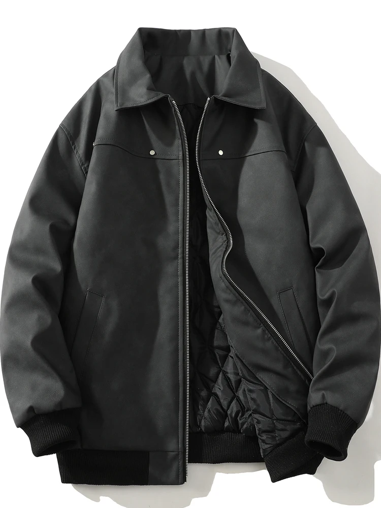 

Men's Thiened Warmth PU Leather Collar Cotton Jaet Winter Faion American Large Size Motorcycle Sle Youth Casual Coat