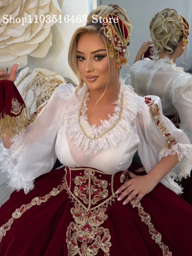 Gorgeous Burgundy Traditional Algerian Wedding Gown Lace Gemstone Beaded Arabic Bridal Gown Celebration Prom Gown Customized