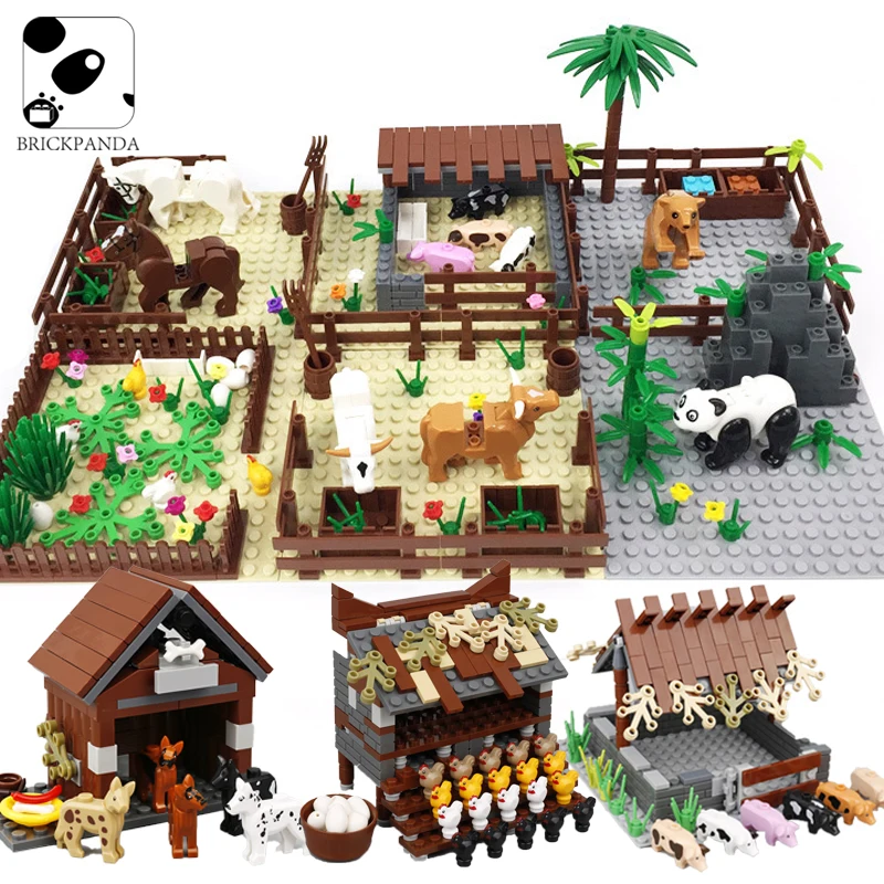 

MOC Animals Goat Building Blocks Farm Dog Pig Chicken Cowshed Rain Forest Plant Accessories Grass Flower Mini Brick Kid Toy Gift