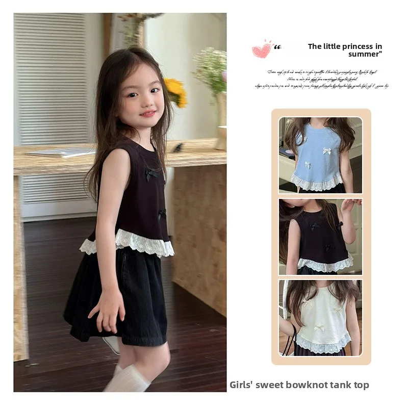 2026 Stylish Children Tank Tops Vest Girls Summer Short Sleeveless Bow-Knot Floral Lace Clothes Kids Casual Wear Cute T-Shirt