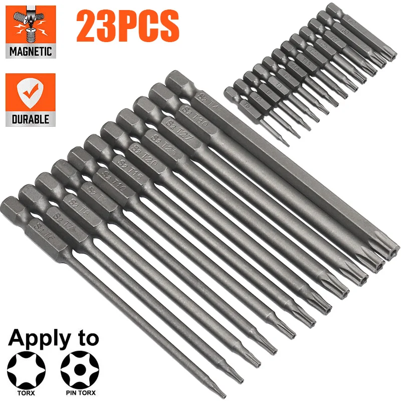 

23pcs Torx Screwdriver Hex Bits Head 50mm 100mm Long 1/4" Hexagonal Handle Magnetic Screwdriver Bit For Electric Tool Drill Set