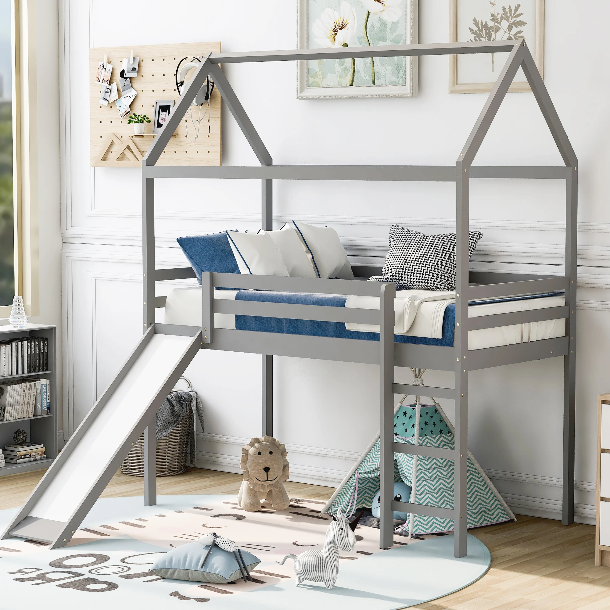 

Twin Loft Bed with Slide, House Bed with Slide, Gray 77.40x80.70x88 in.