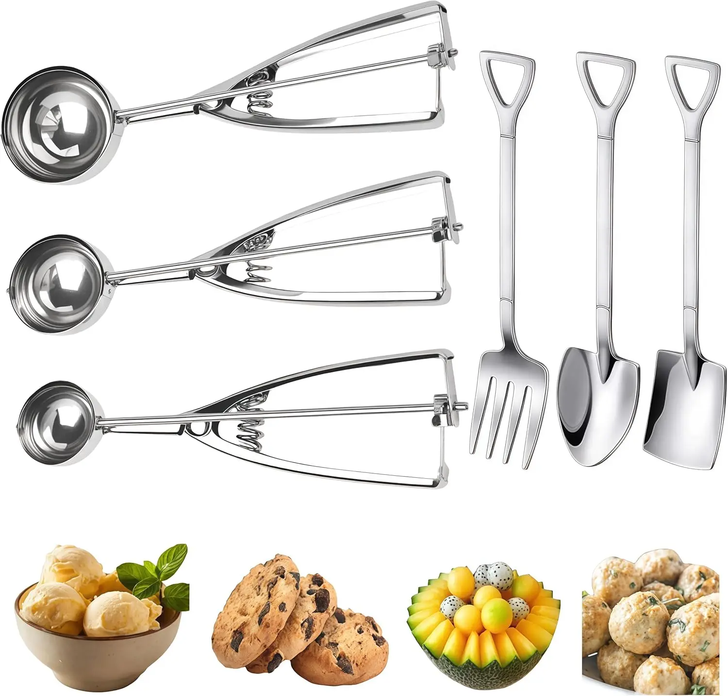 Cuchara para helado, juego de 3 cucharas para galletas, cuchara para helado de acero inoxidable con mecanismo de liberación, cuchara para masa de galletas, grande/mediana/S