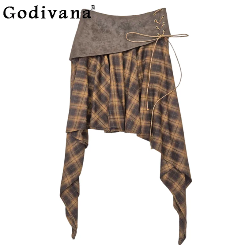 

Sexy Woman Autumn Splicing Contrasting Color Retro Plaid Irregular Skirt High Waist A-line Lace-up Fashion Age-reducing Skirts