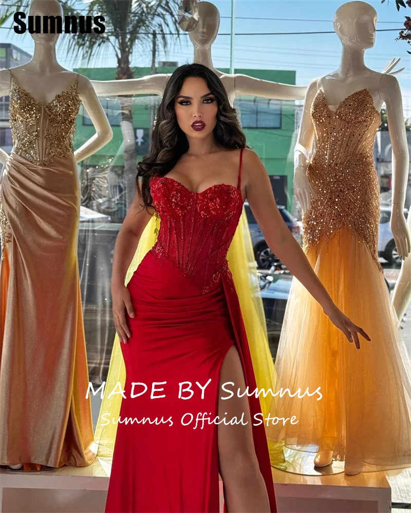SUMNUS Elegant Red Spaghetti Strap Prom Dresses Mermaid Side Split Sweetheart Vestidos De Fiesta Floor-Length Evening Dress