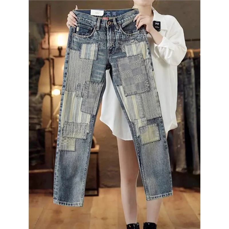 

High Waist Original Men's Jeans Retro Patchwork Slim Fit Elastic Straight Casual Wear Resistant Summer Season