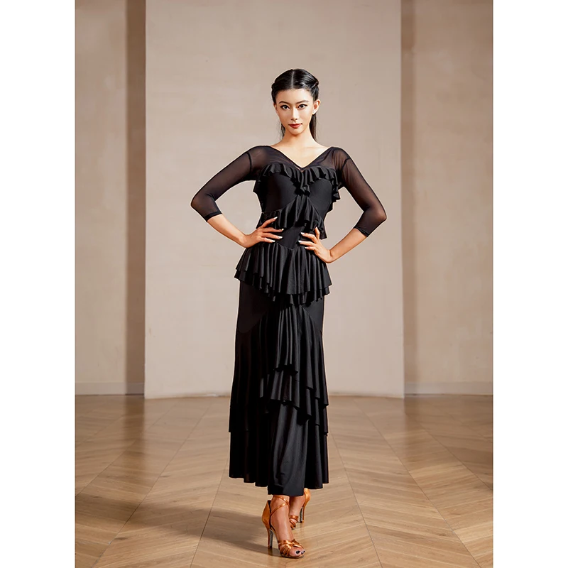 Modern Ballroom Dance Costume Women Mesh Ruffle Half Sleeve Dress National Standard Competition Performance Stage Dress DQL12384