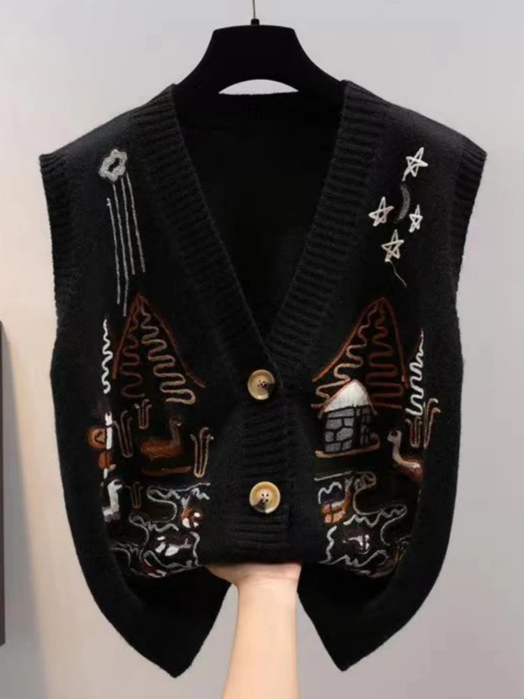 

Koja Women's Embroidered Knitted Vest Cardigan Loose Thiened V-ne Outerwear Spring Autumn New Sle Commute Sle Wool Blend