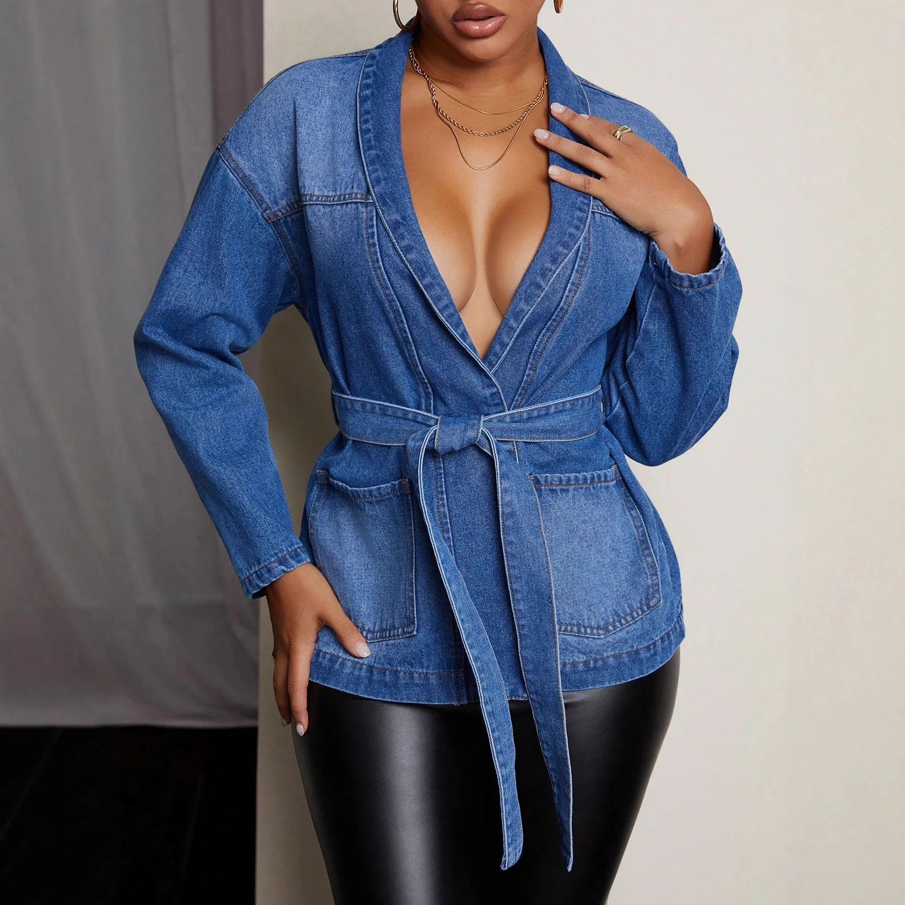 

Casual and fashionable waist cinching design women's strap denim jacket, slim fit waist belt fashionable top