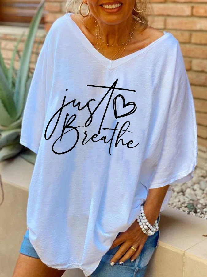 Ilstile Oversized Women's Casual Just Breathe Mental Health Print V Neck T-Shirt  Short Sleeve Casual Loose Blouse Summer Tops