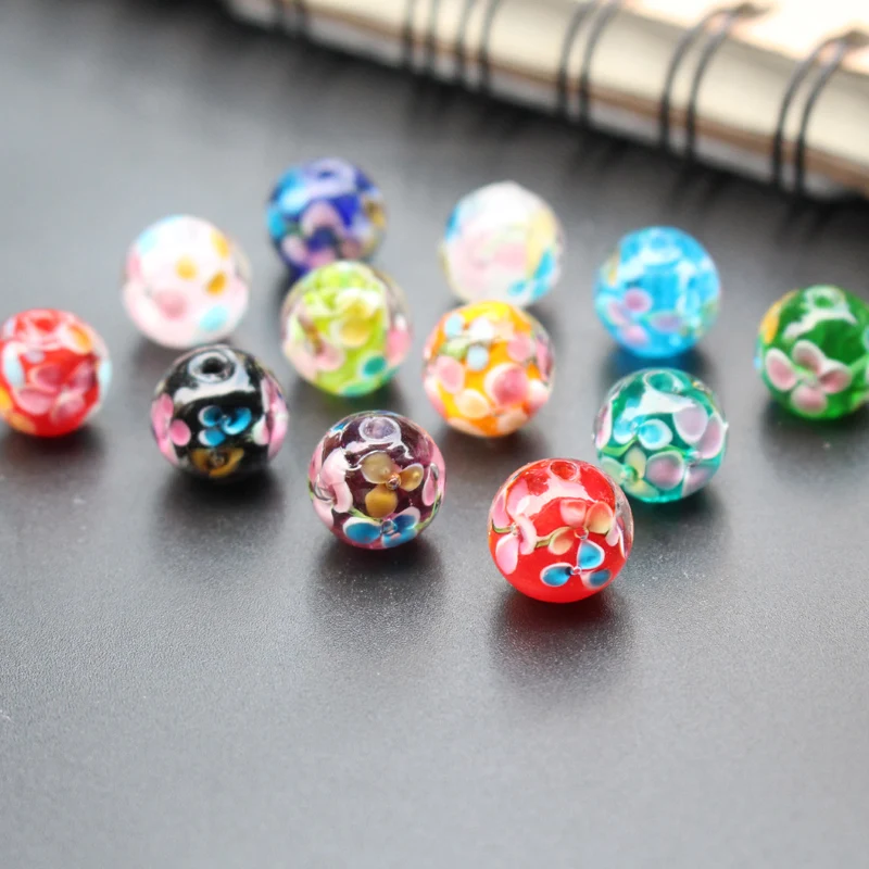 10Pcs 10mm 12mm 14mm Handmade Glass Lampwork beads Flower Simply Red Green Brown Color  for Jewelry Making Wholesale and Retail