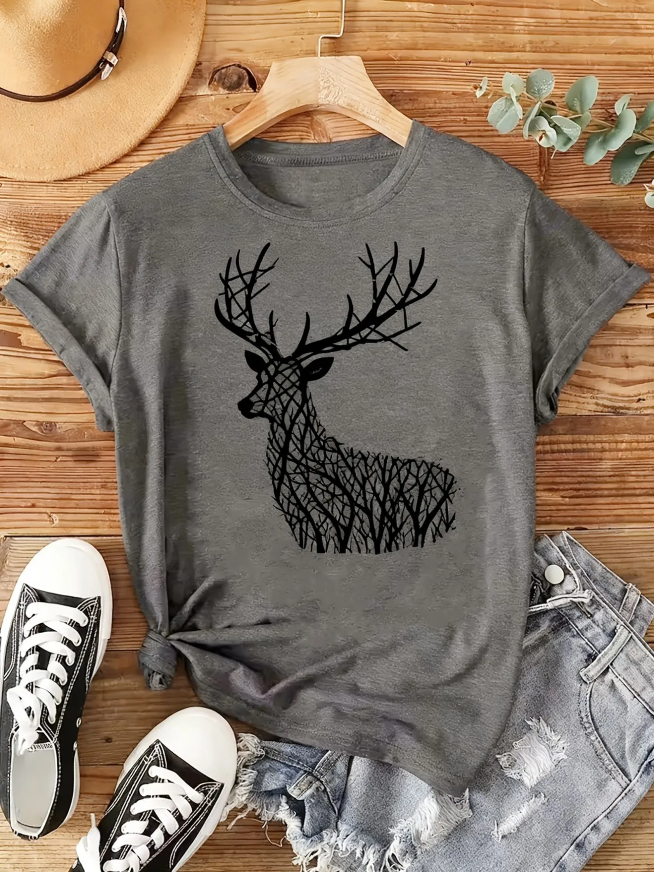 

Plus size women's short sleeve T-shirt Deer Silhouette Branch Pattern Design Daily comfortable versatile style summer outfit