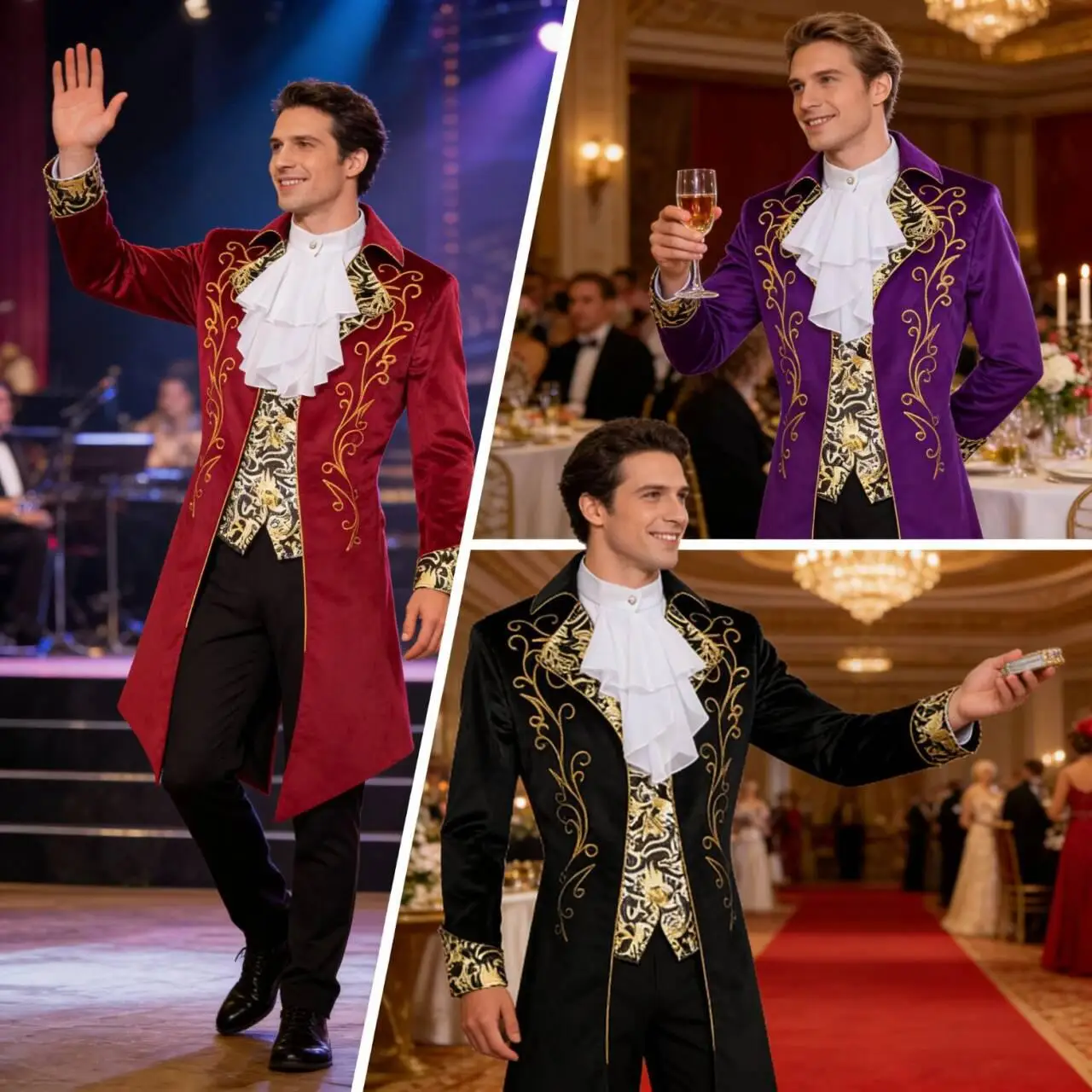 

Medieval Noble Velvet Tailcoat, Men's Renaissance Costume, Gold Embroidery Palace Banquet Jacket, Ideal for Halloween, Cosplay &