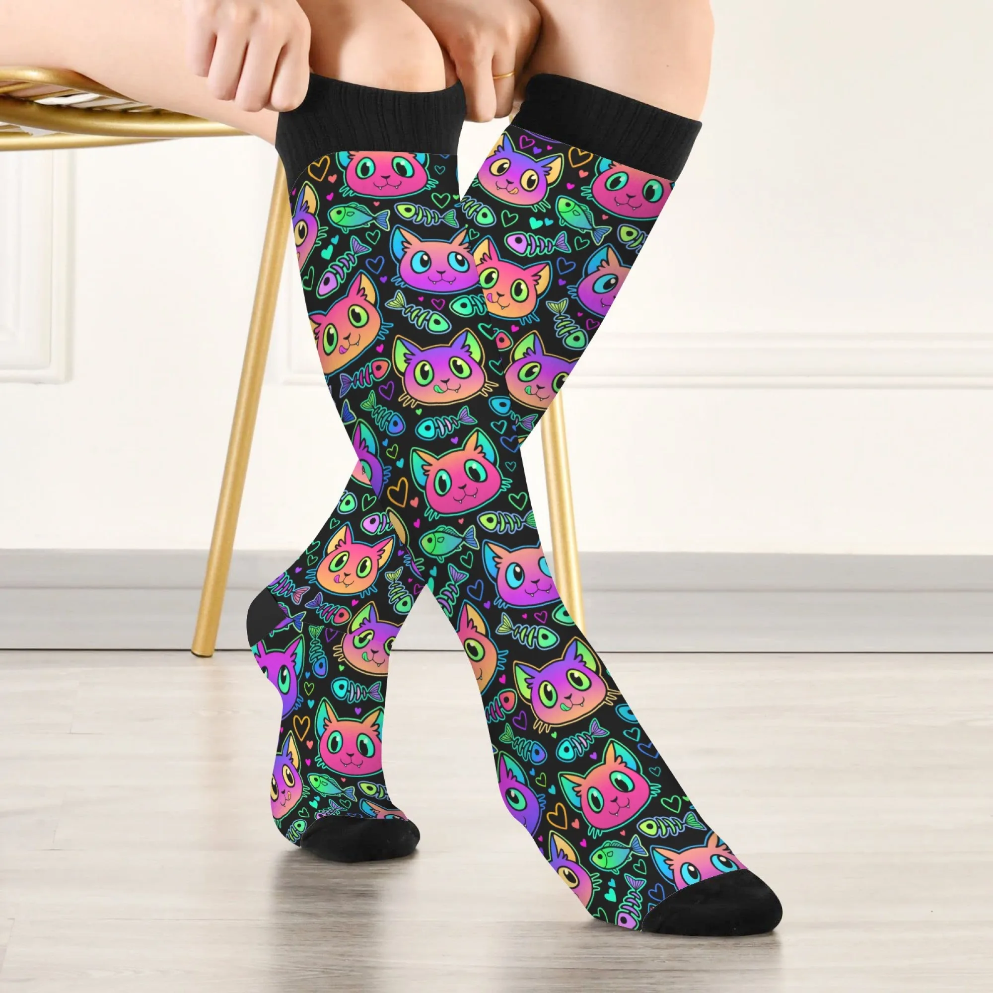 Regenbogen-Katze, Fischgrätenmuster, lustige Strümpfe, Neuheit, glückliche Kompressionssocken, Unisex, bequem, warm, modisch, Cartoon-Socken, Party-Geschenk