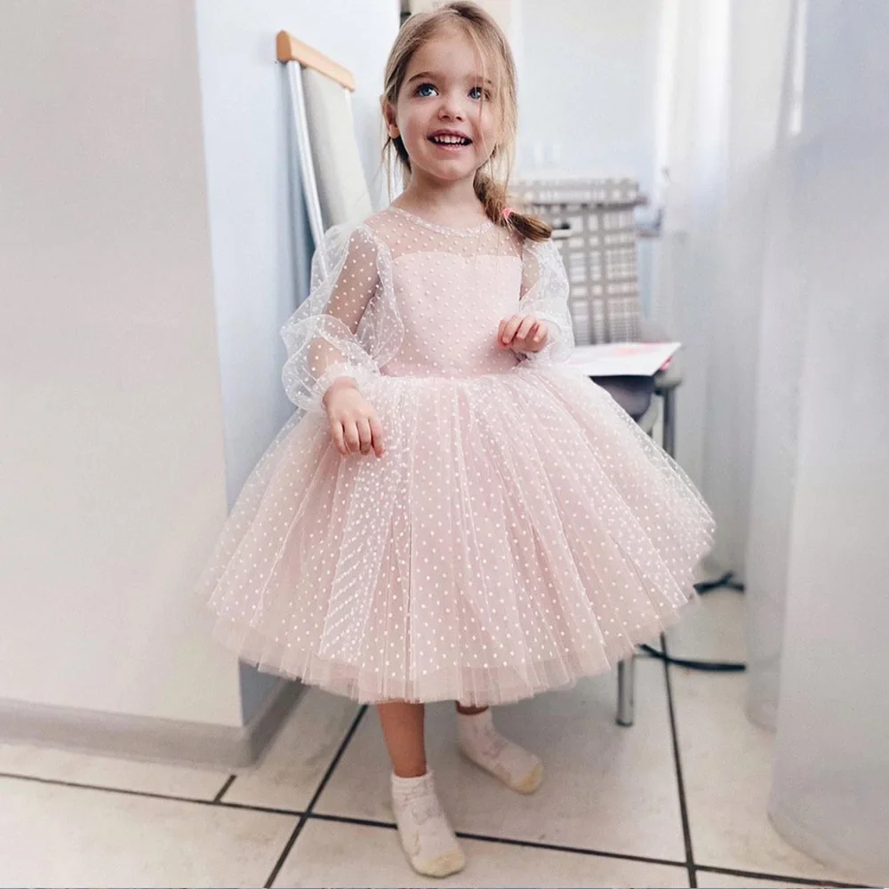 Children's Wedding Dress Polka Dot Lace Long Sleeved Performance Birthday Fluffy Short Skirt Flower Girl Dress