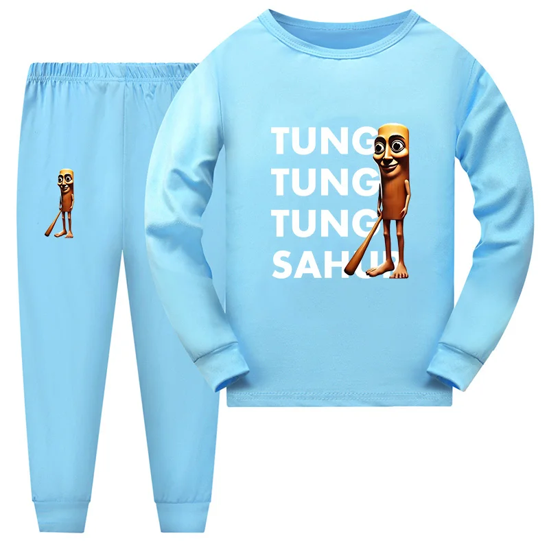 Zabawny wzór memu Tung Tung Tung Sahur, włoski brainrot, zestaw piżam dla dziewczynek, piżamy z długim rękawem dla chłopców, komplet do spania dla dzieci.