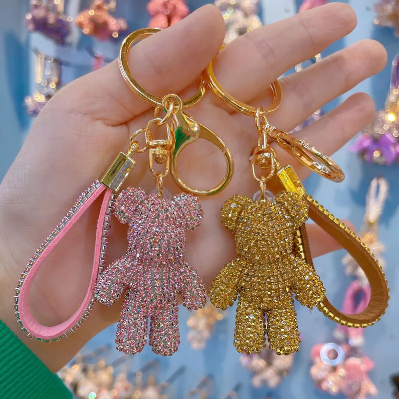 Wholesale net red full drill bear car remote control chain ring lanyard key chain pendant personality couple bag hang