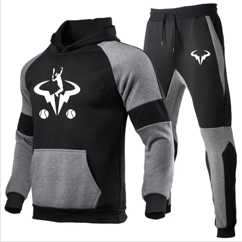 2024 Suit New Rafael Nadal Logo Print Custom Made Cotton Warm Spliced Men Pullover Hoodie+Pants Pocket Casual Man Sportswear Set