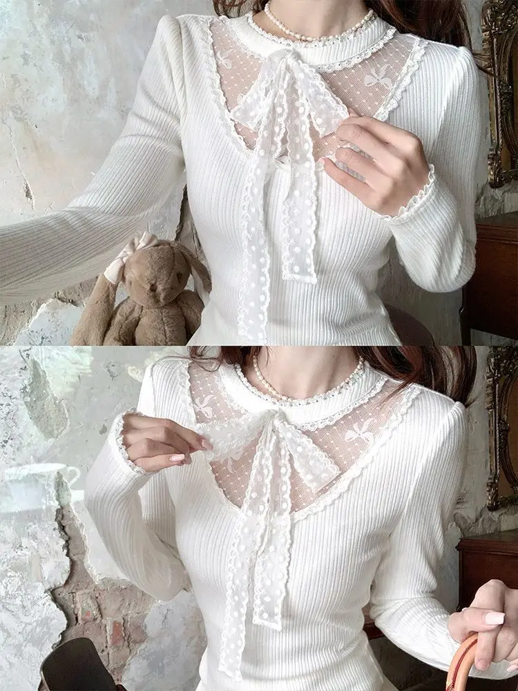Bow Patchwork Lace Bandage Long Sleeve T-shirt Women 2026 New Slim Fit Versatile Crop Top Sexy Y2k Aesthetic Chic Tees