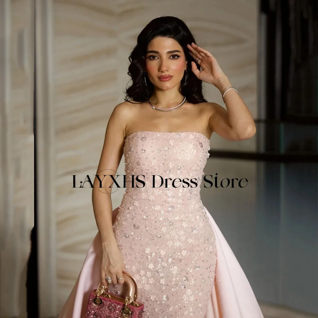 Layxhs lindo rosa glitter sereia vestidos de noite sem alças frisado tornozelo comprimento tribunal trem vestidos de baile personalizado