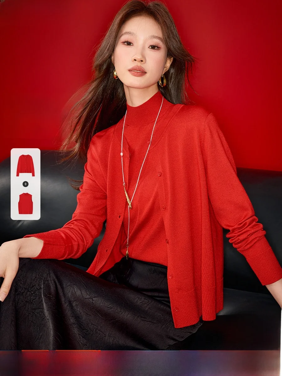 

Eastern Red Two-Piece Set Knitted Sweater Cardigan Vest Casual Sle Women's Faion New Year Spring New Arrival Luxury Quiet