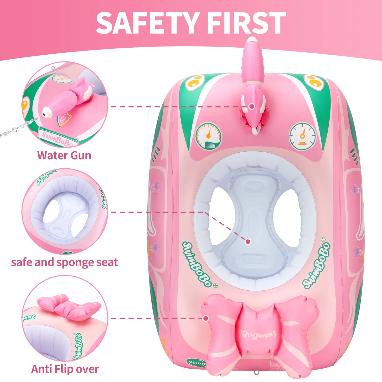 Swimbobo Pink Kids Inflatable Children Cute Swimming Seat Boat Floating Water Gun Toddler Water Toy Baby Ring Float With
