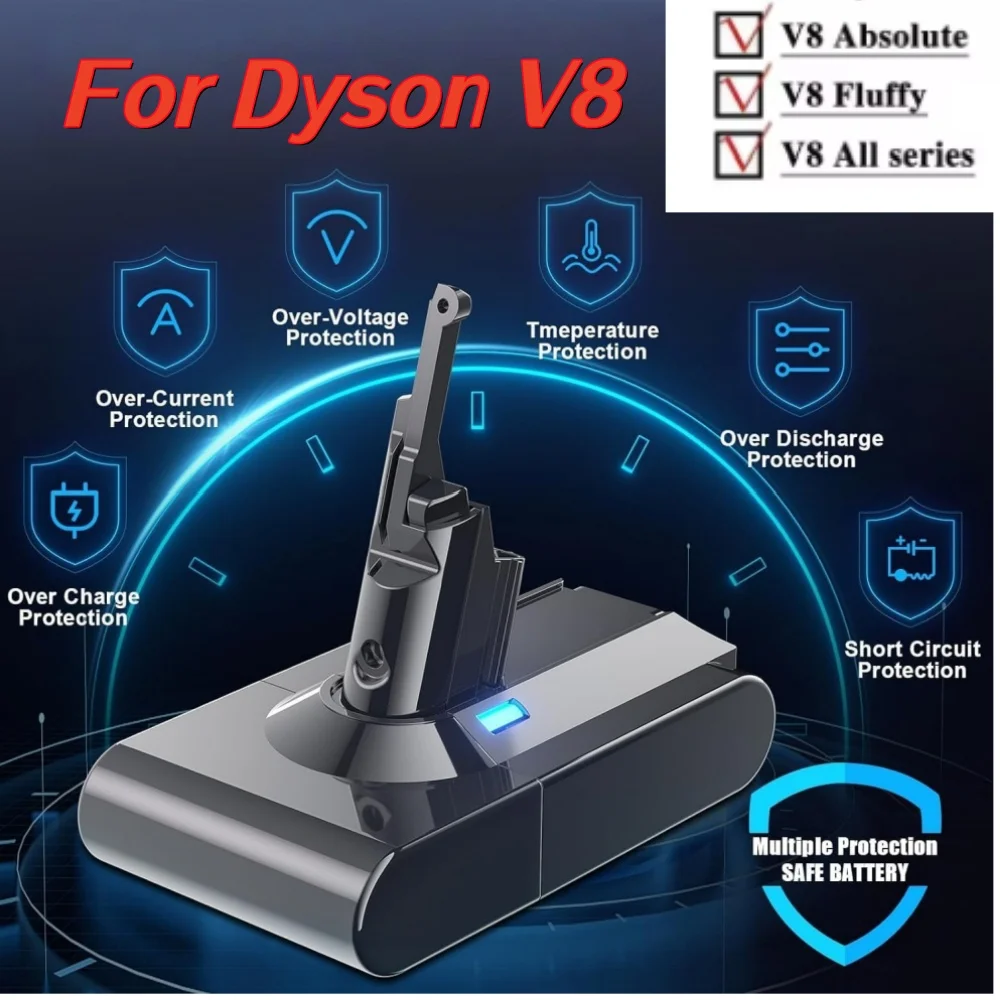 

21,6 В для Dyson V8, 6000 мАч/8000 мАч, аккумулятор Absolute V8 Animal, литий-ионный SV10, серия пылесосов, аккумуляторные батареи.