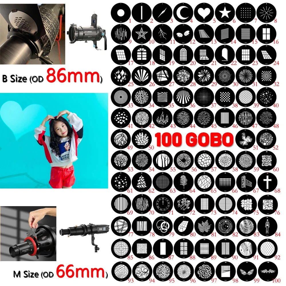 50 pieces of light shooting GOBO M Size for OT1, B Size for Spotlight, PJ-BM-19/36. The size of the mask is 86mm and 66mm.