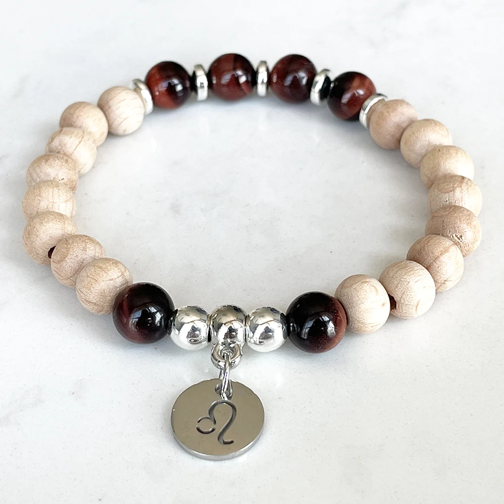 

MG1732 New Design Leo Zodiac Bracelet For Women 8 MM Woodbaeds Red Tiger Eye Chakra Wrist Mala Handmade Gemstone Jewelry