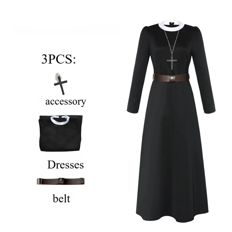 Halloween cosplay costume movie conjuning 2 nun costume, deadnun cosplay women black dress cross necklace belt party suits