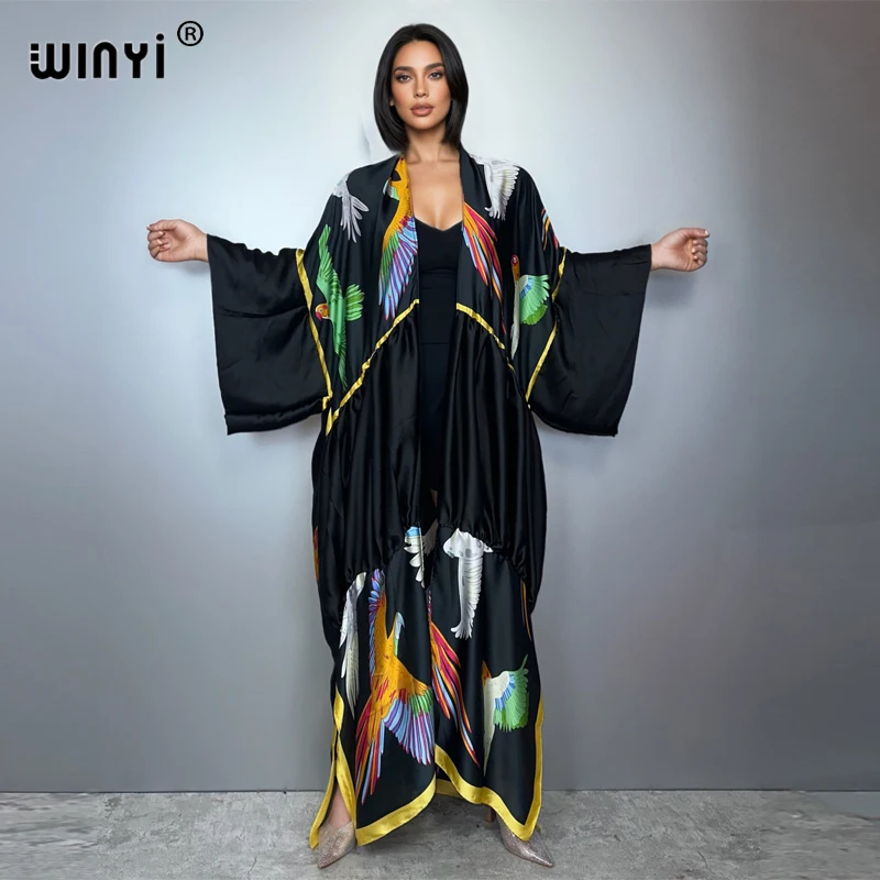 WINYI print boho kimono maxi beach wear cover up holiday party dress abaya dubai luxury muslim woman fashion open front kaftan