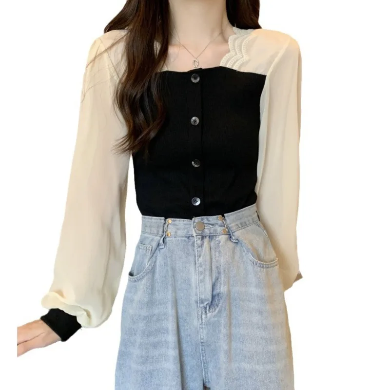 French Splicing Fake two pieces Square Collar Women Knitted shirt jacket Flare Sleeve Unique Slim fit top black beige