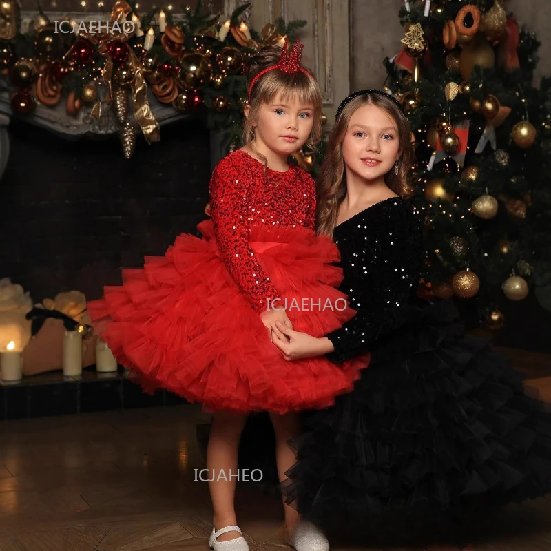 Baby Girl One-Piece Dress Party  Children Christmas Sequin Long Sleeve Tulle Kids Holiday Formal  Gown Birthday Pageant Flower