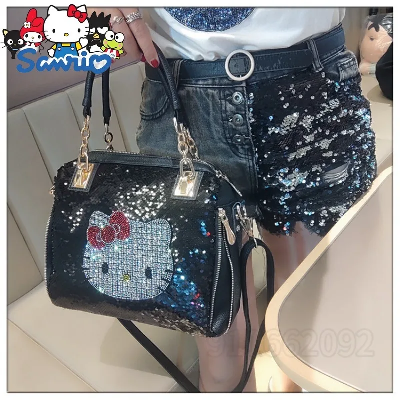  Hello Kitty Sequined Women's Handbag Luxury Brand Fashion Women's Sequined Shoulder Bag Large Capacity Casual Women's Bag