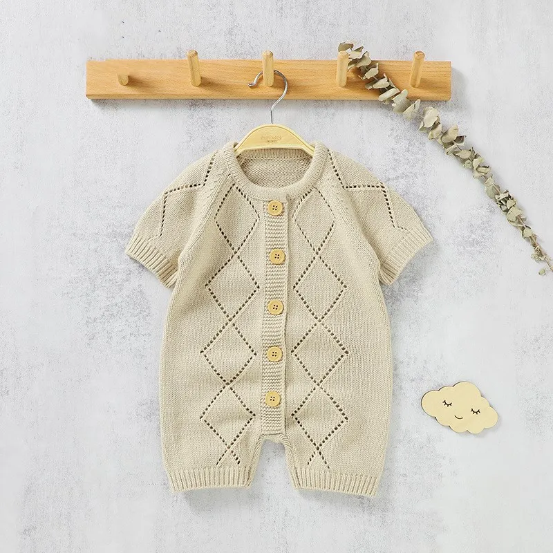 Baby Rompers Summer Newborn Boys Girls Knit Diamond Jumpsuits Short Sleeve Infant Netural Sunsuits Outfits Toddler Wear