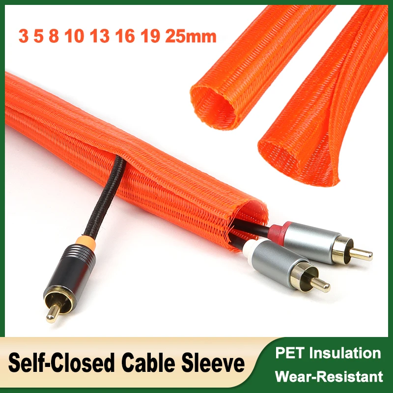 

1~50m Orange Self-Closed PET Cable Sleeve 3 5 8 10 13 16 19 25mm Insulated Braided USB Wire Power Cord Protection Split Sleeving