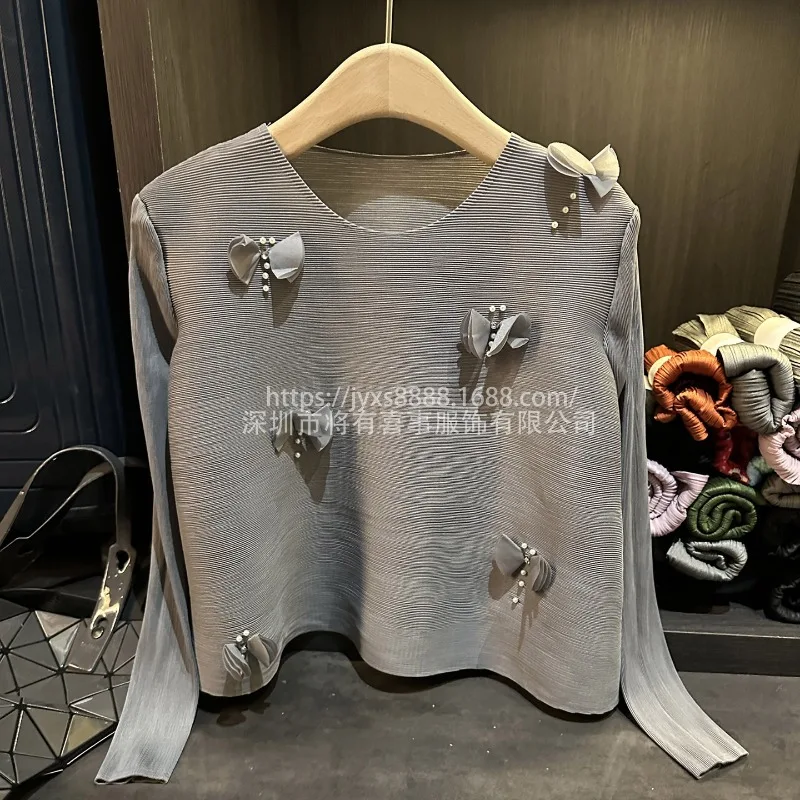 

Miyake плиссированная футболка 2025 г., женская свободная тонкая шикарная футболка с круглым вырезом и длинными рукавами, весна-осень, шикарная женская пригородная футболка