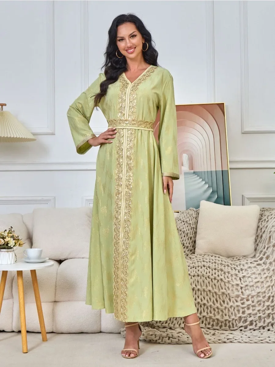 Eid Dress Women Muslim PartyRamadan Abaya Long Dress Belt Morocco Kaftan Lace-up Vestidos Largos Dubai Turkey Robe Jalabiya 2024