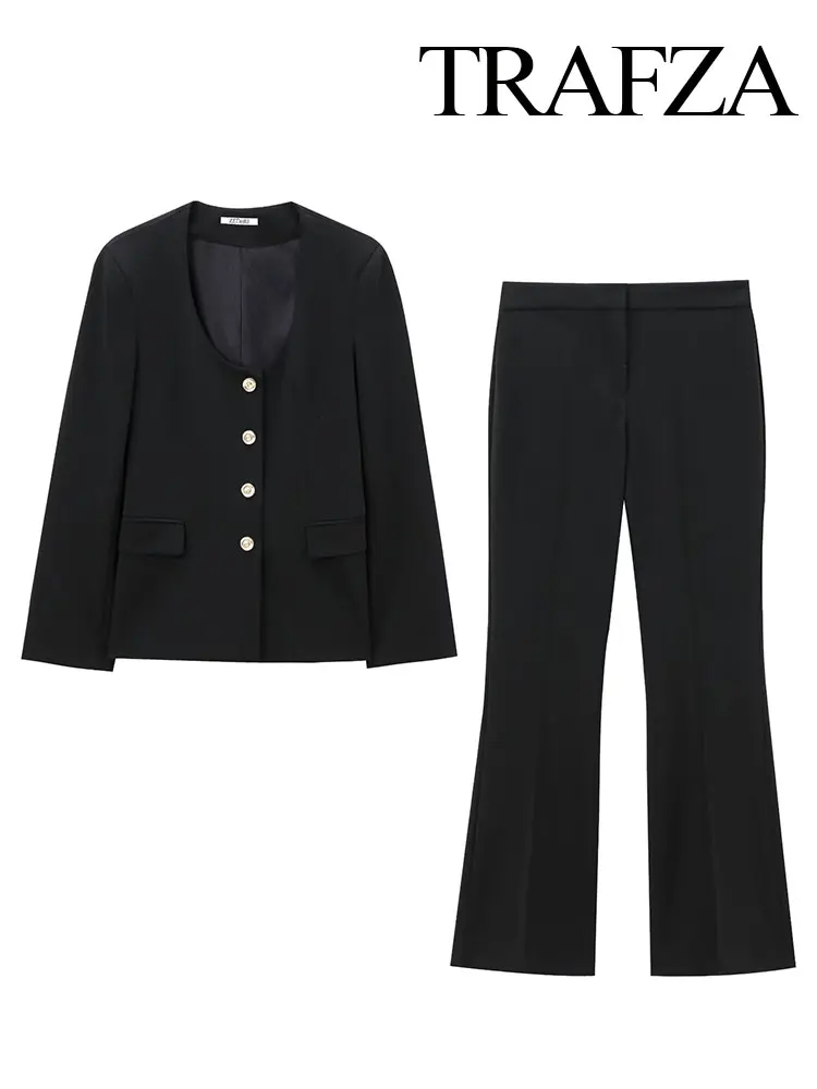 TRAFZA 2024 Autumn Trouser Set For Women Round Neck Sheath Blazer Coat Top + Versatile Women's Bell Bottoms Suit Long Pant