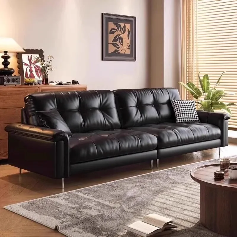 for Italian Nebula Minimalist Sofa Antique Black Living Room Small Unit French Retro Straight Row Cowhide