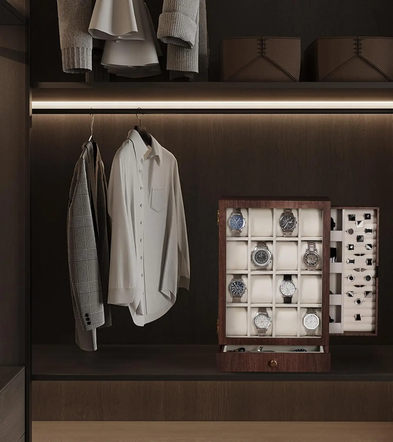 Watch Box Wooden Display: Large Wood Storage for Men's Nightstand - Timeless Home Organizer (L Size)