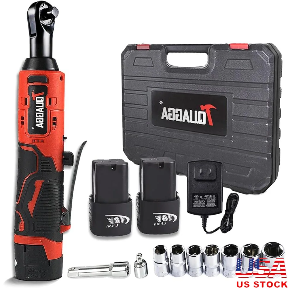 18V Cordless Ratchet Wrench Set 3/8 Power Electric Ratchet 60 Ft-Lbs Torque 2-Pack 2.0Ah Batteries Fast Charger Sockets Carry