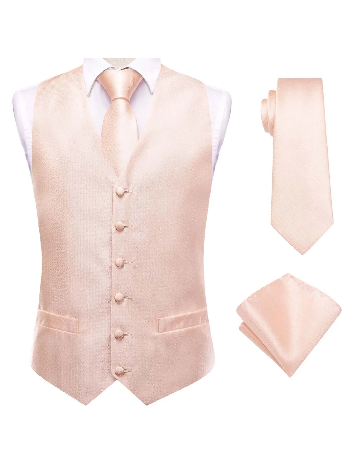 VERVEROW Solid Champagne Men Suit Vest 3Pcs Matching Necktie Handkerchief Set Formal Sleeveless Waistcoat For Ceremony Prom